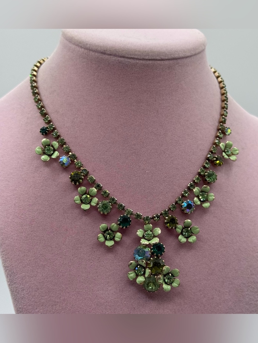 Vintage 1920s Green Floral Crystal Statement Necklace